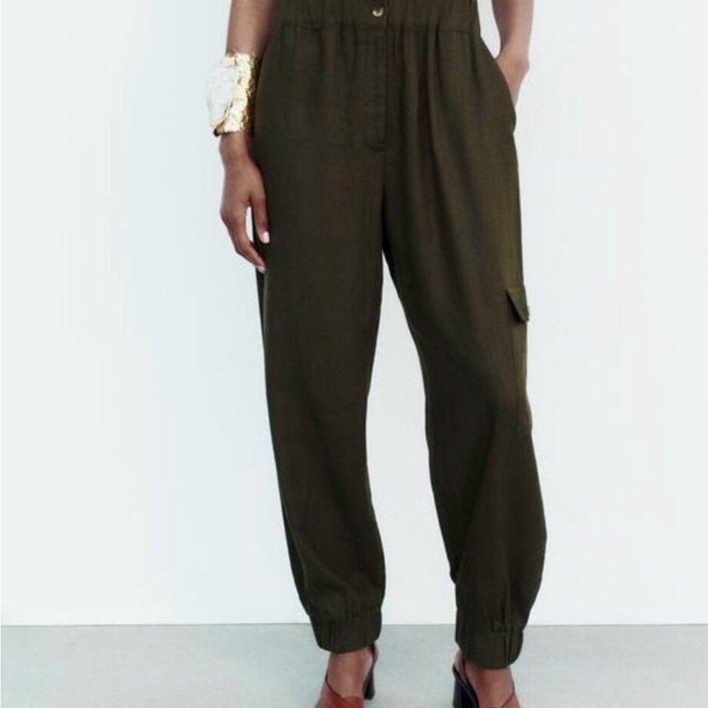 Zara Jumpsuit Dark Green Button-Up Linen Blend Size XL - Picture 3 of 15